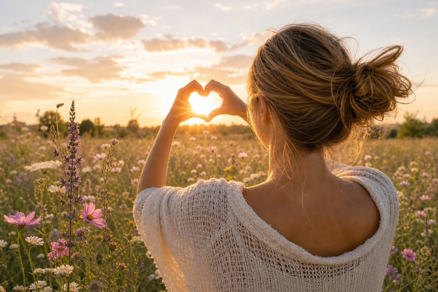 Woman in a wildflower field forming a heart with her hands around the sunrise