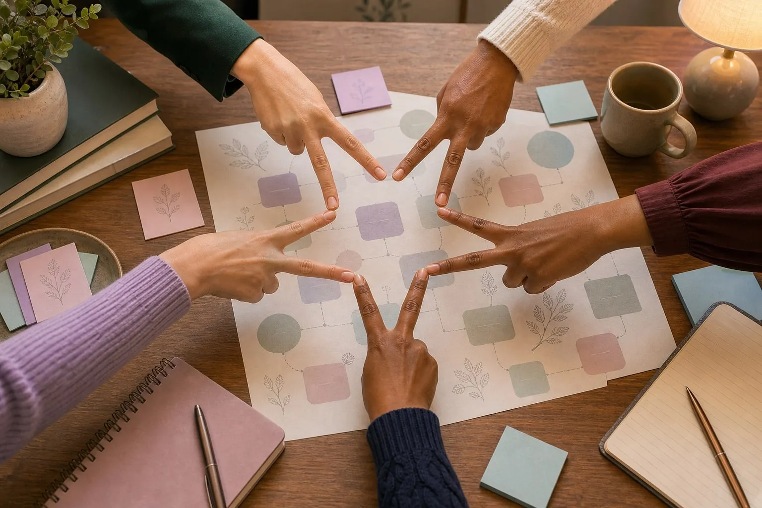 Five clinicians forming a star with two fingers each over consultation planning materials