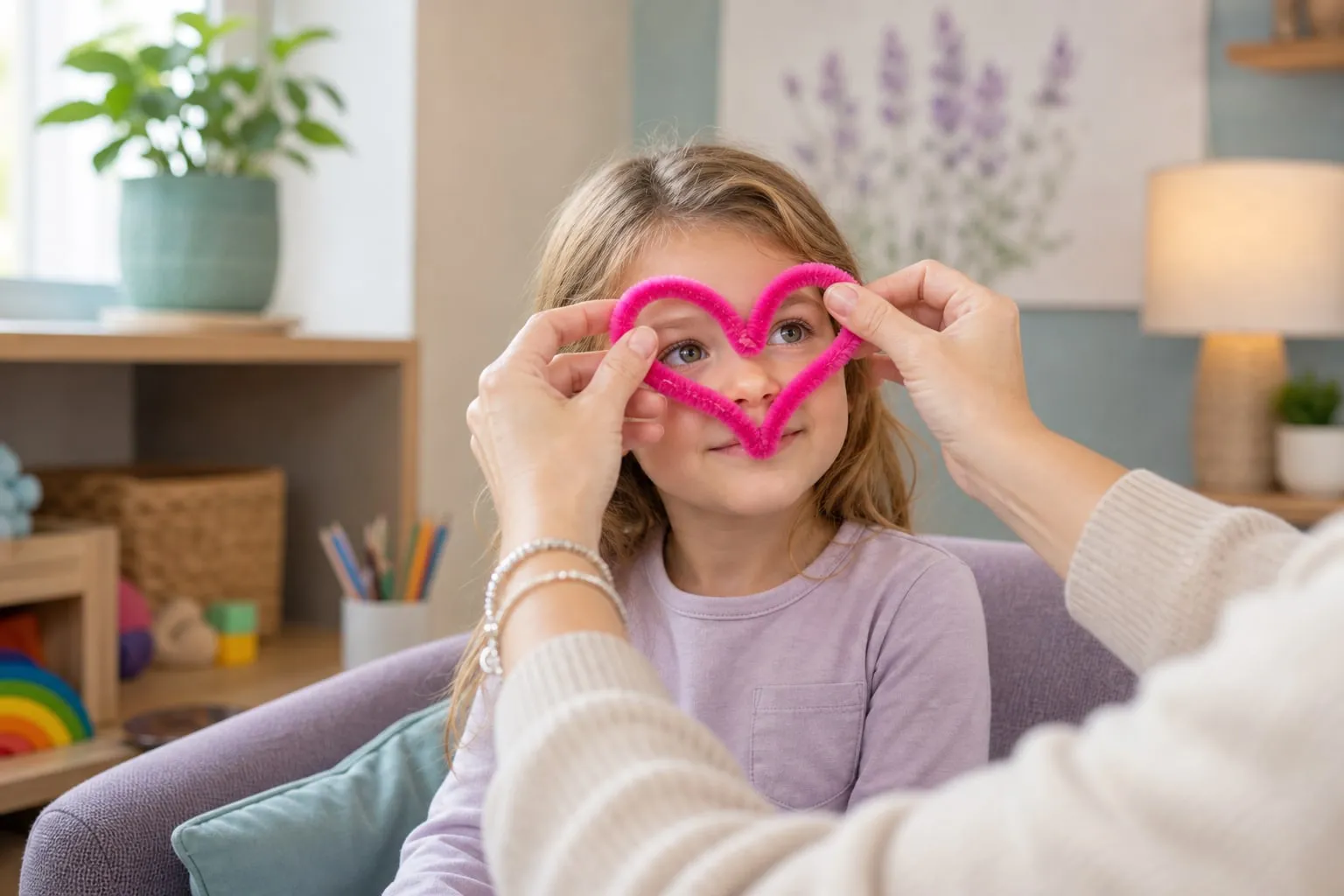 Child looking through a pink heart-shaped therapy tool during a warm counseling session
