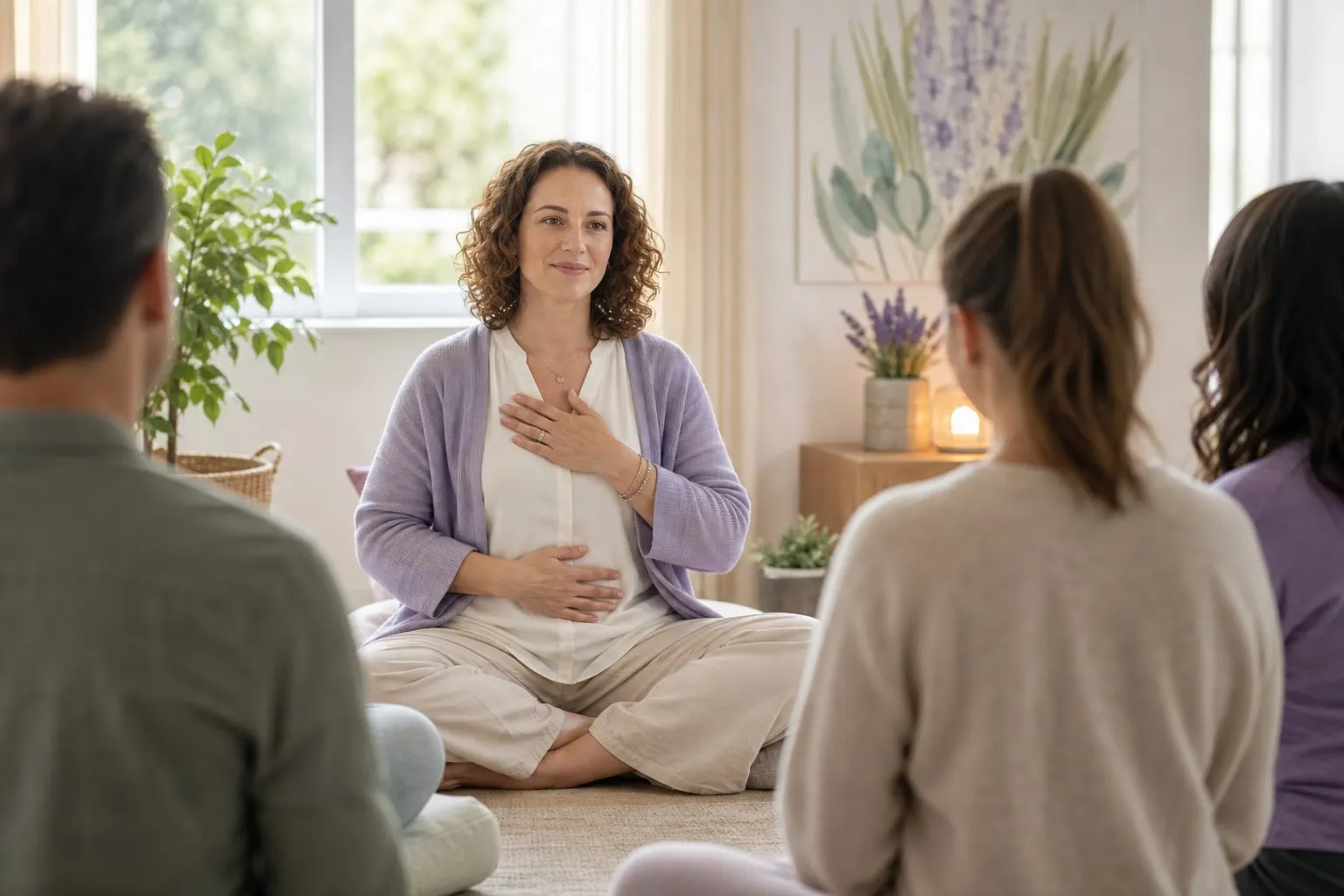 Facilitator guiding adults through a mindful self-compassion practice in a warm group room