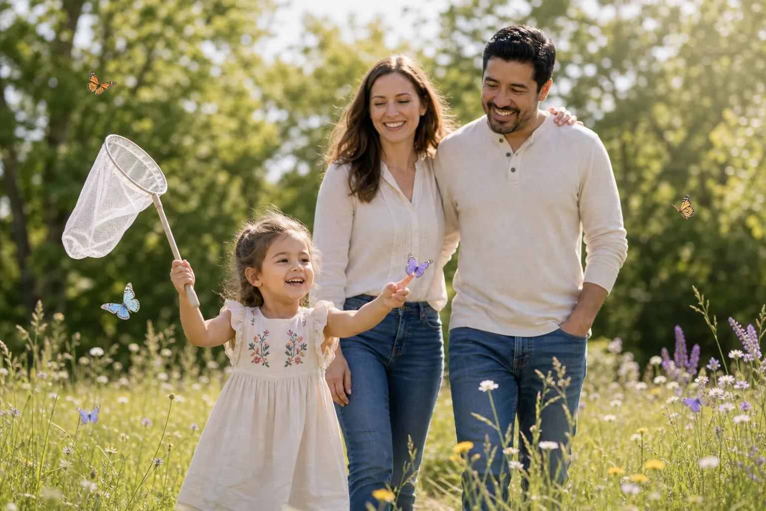 Child playing with butterflies in a sunlit meadow while caregivers walk nearby