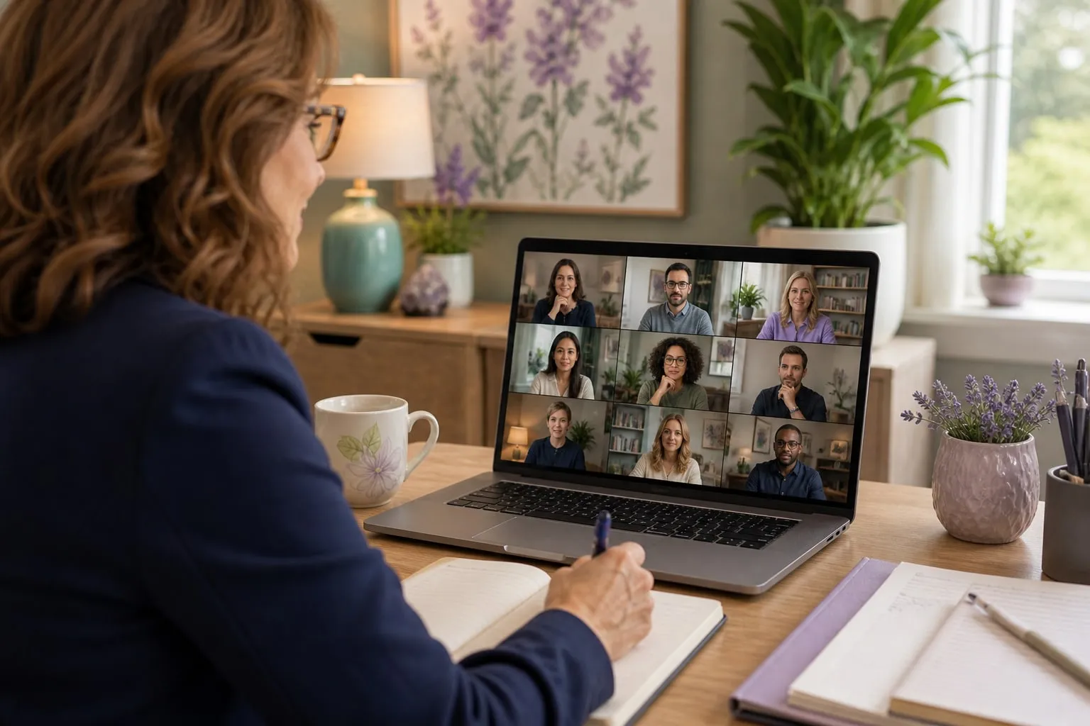 Clinical supervisor leading group supervision with clinicians on a video call