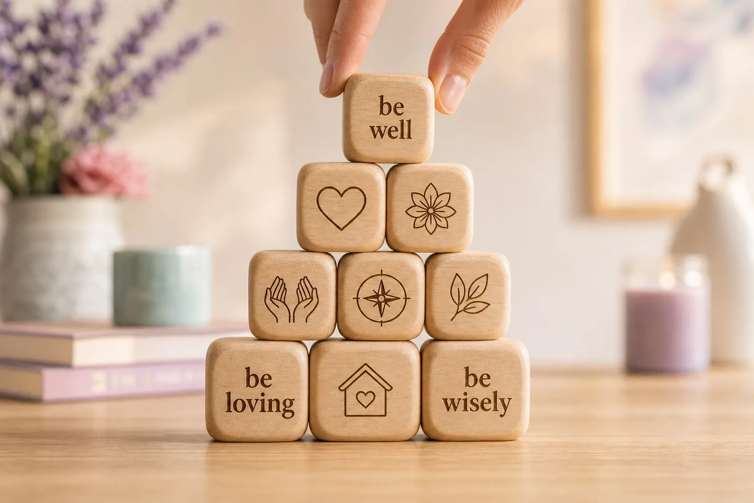 Wooden blocks labeled be well, be loving, and be wisely stacked on a warm tabletop