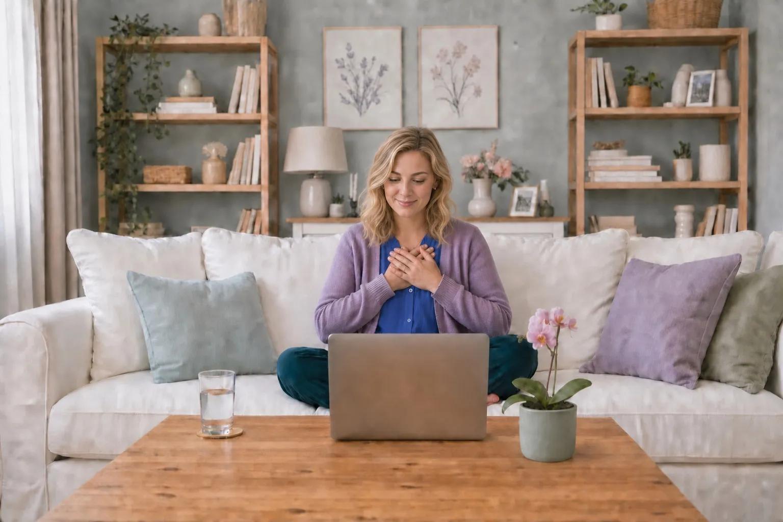 A woman participating in a telehealth therapy session from a calm home reading nook