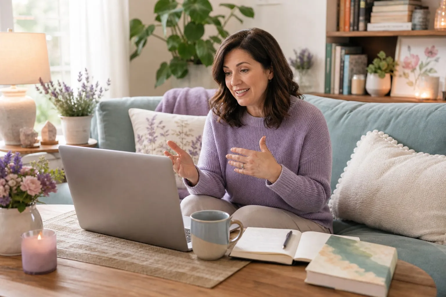 Woman joining an online self-compassion book discussion with a notebook and laptop